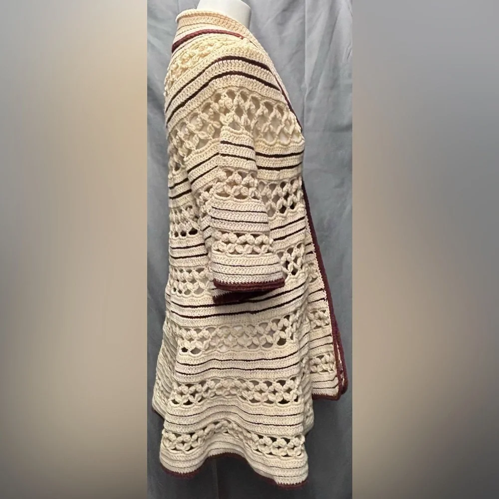 Vintage 60s One of a Kind Hand Crocheted Ivory with Brown Trim Sweater Jacket - Picture 5 of 9